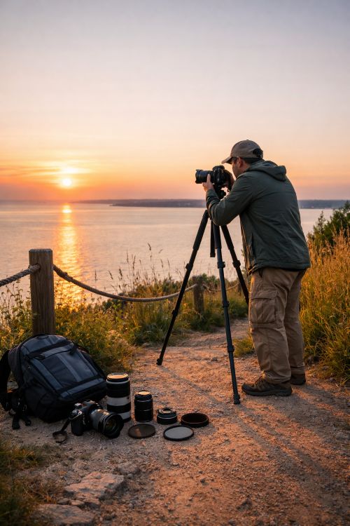 Photographer setting up tripod with camera gear on a designated bluff trail overlooking Lake Huron near The Inn at Stonecliffe, demonstrating responsible Mackinac Island photography practices