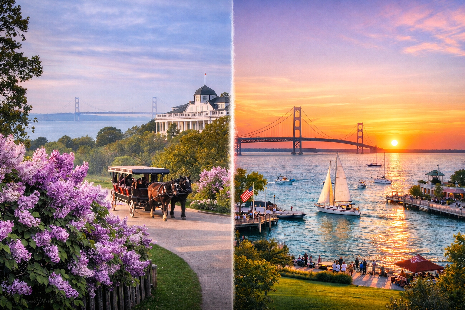 Split view of Mackinac Island in spring with blooming lilacs and summer with bright lake views and sailboats