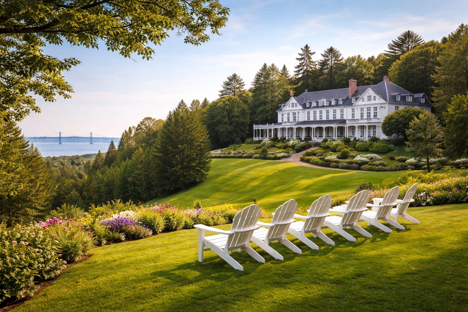 Scenic view of The Inn at Stonecliffe, best hotel near Mackinac Island State Park, with white Adirondack chairs, historic mansion, and Lake Huron in summer