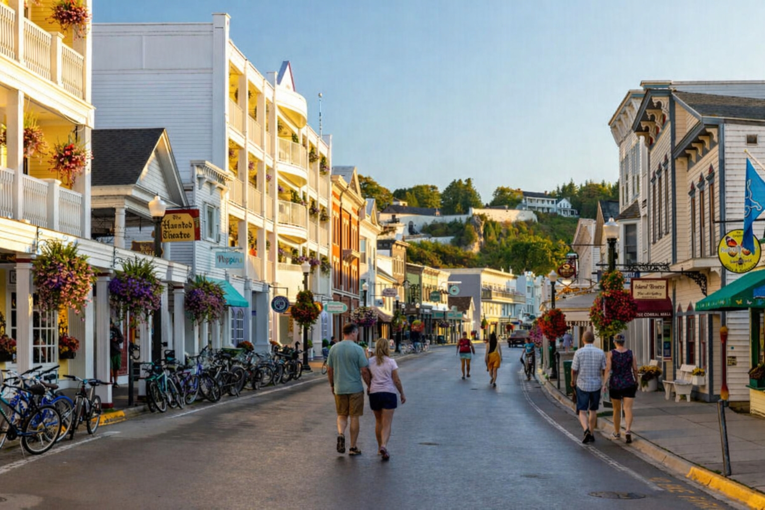 Summer evening on Main Street Mackinac Island with visitors walking and biking past historic buildings, shops, and flower-lined streets in the island’s lively downtown district.