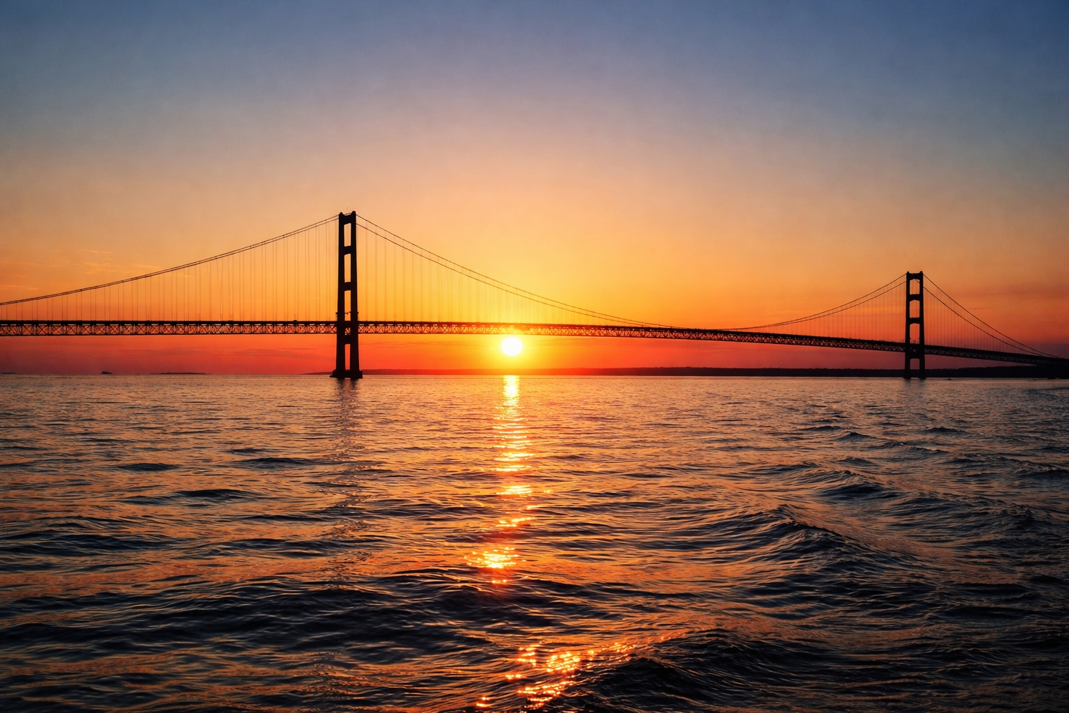 Sunset view over the Straits of Mackinac from a luxury resort lawn on Mackinac Island