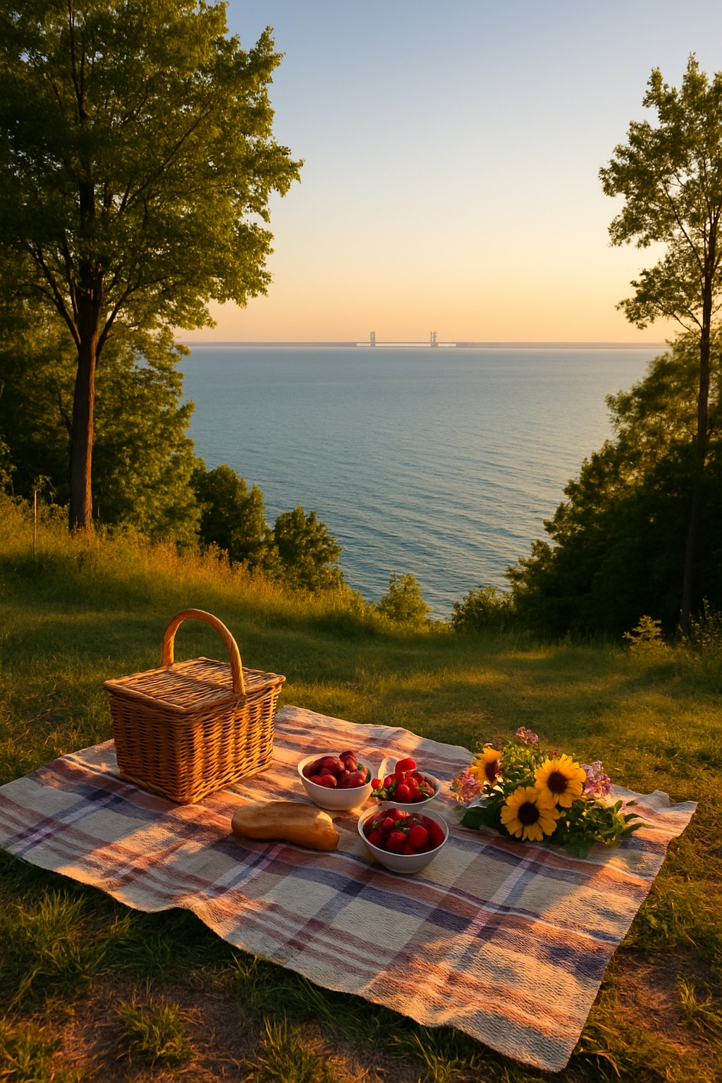 Sunset Rock picnic spot on Mackinac Island with Lake Huron view, picnic blanket, and basket, perfect for romantic outdoor dining and scenic island getaways.