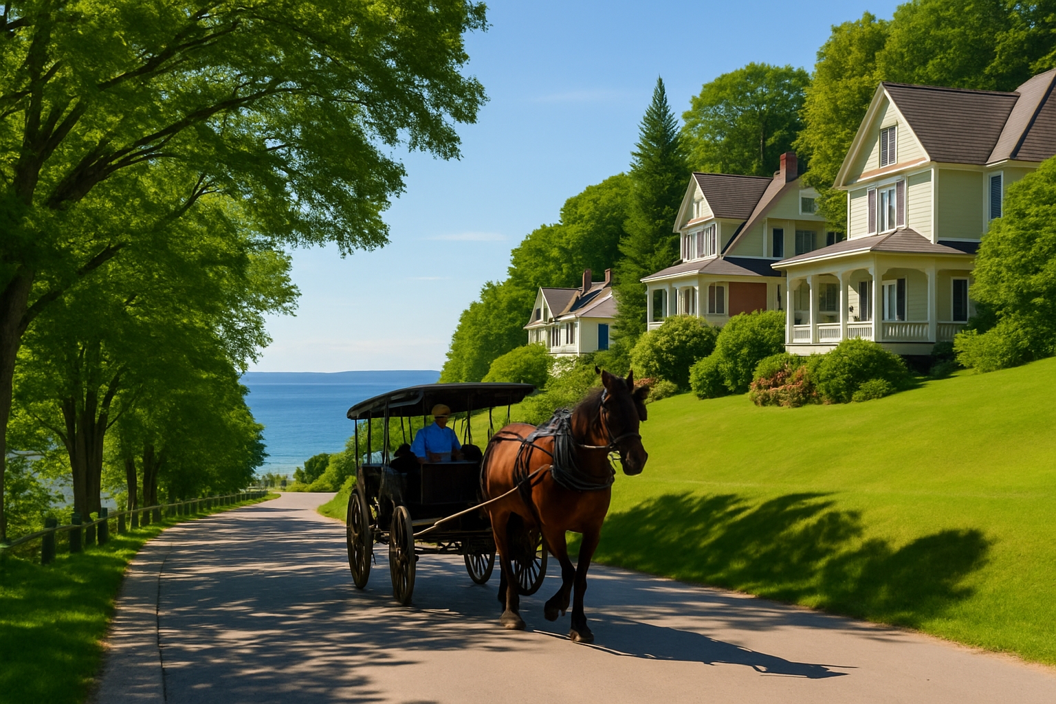 Mackinac Island horse-drawn carriage on a tree-lined road near Victorian homes with views of Lake Huron, highlighting the car-free and historic charm of the island