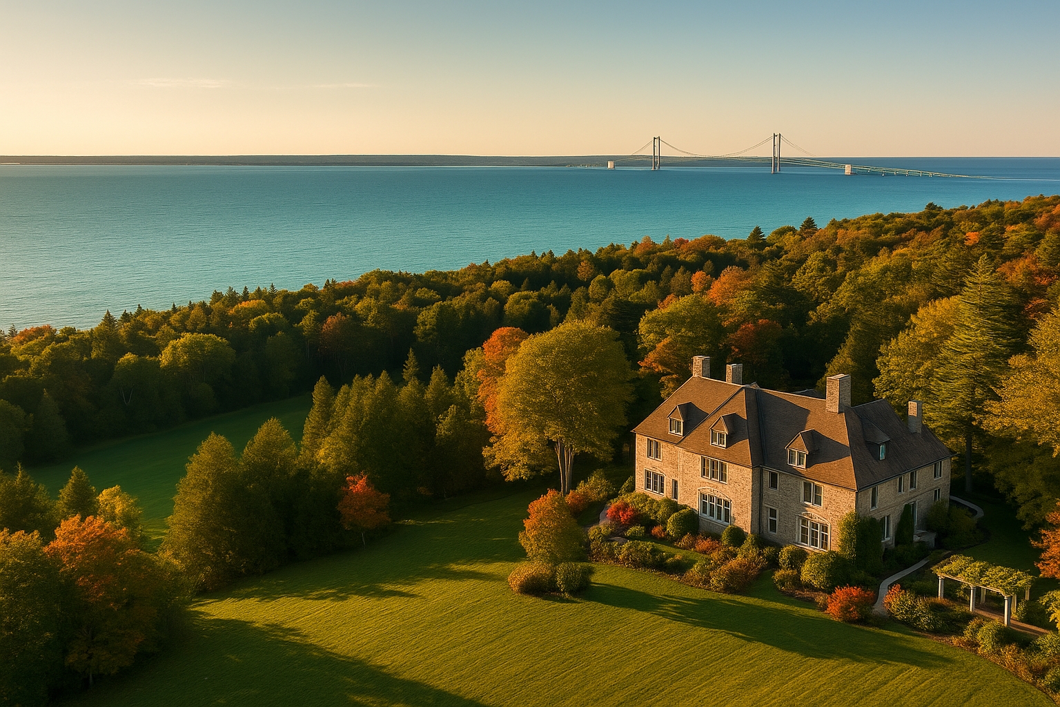 Mackinac Island travel guide view of The Inn at Stonecliffe, Lake Huron, Upper Peninsula Michigan, romantic fall hotel getaway with scenic bridge view