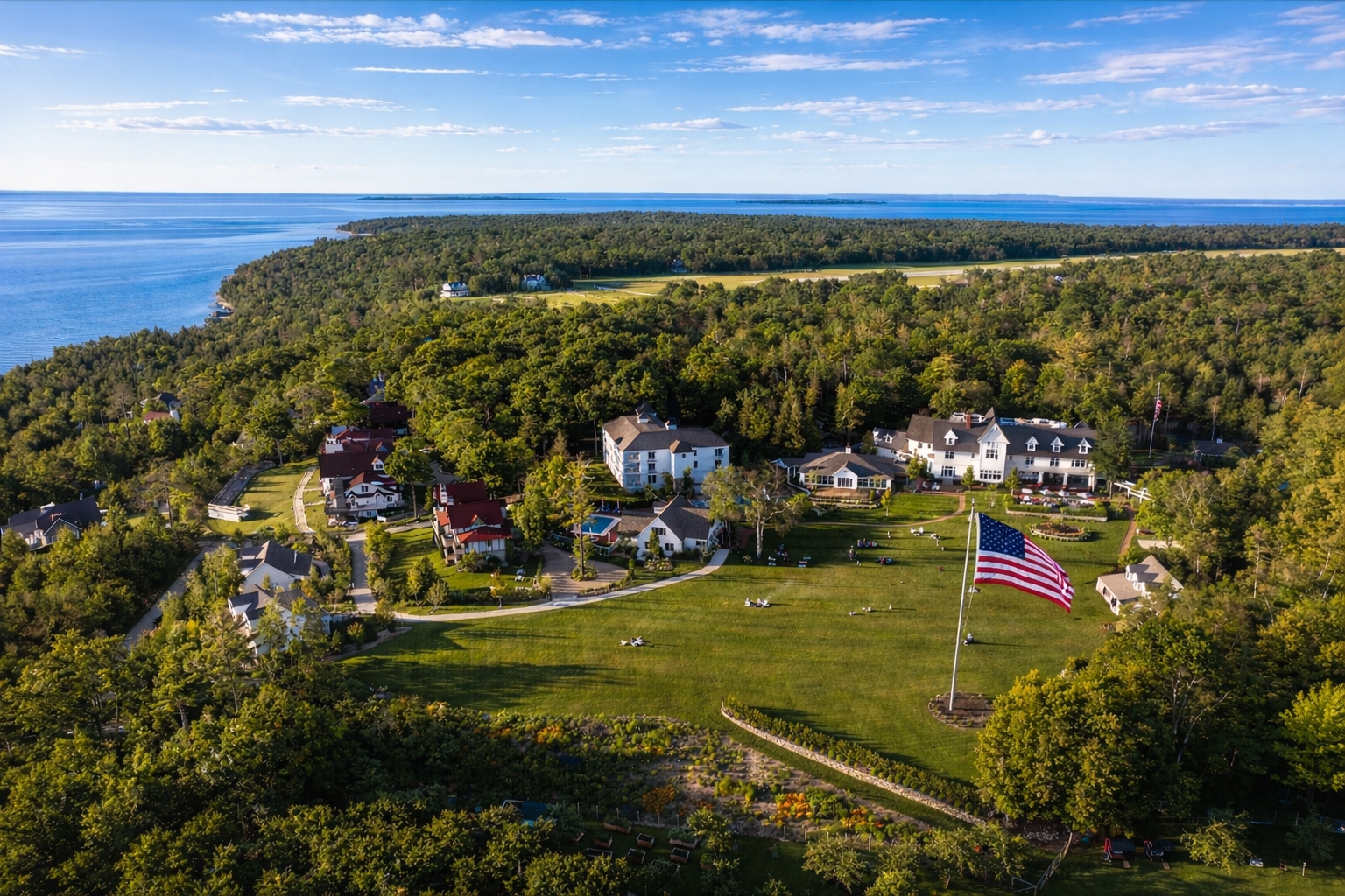 Scenic view of Mackinac Island bluffs overlooking the Straits of Mackinac and Mackinac Bridge near The Inn at Stonecliffe, one of the best luxury resorts in the Great Lakes region.