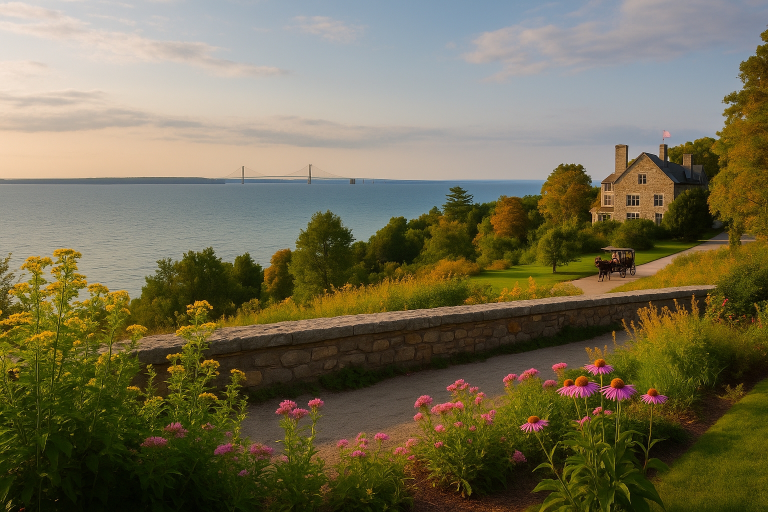 Panoramic view from The Inn at Stonecliffe overlooking Lake Huron, showcasing Mackinac Island summer to early fall weather with blooming flowers, scenic lake, and horse-drawn carriage