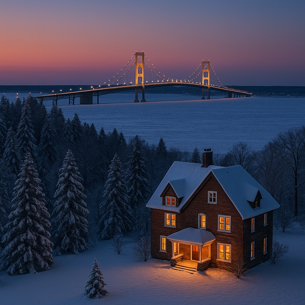 Mackinac Island in winter covered in snow with island home overlooking the frozen Straits of Mackinac.