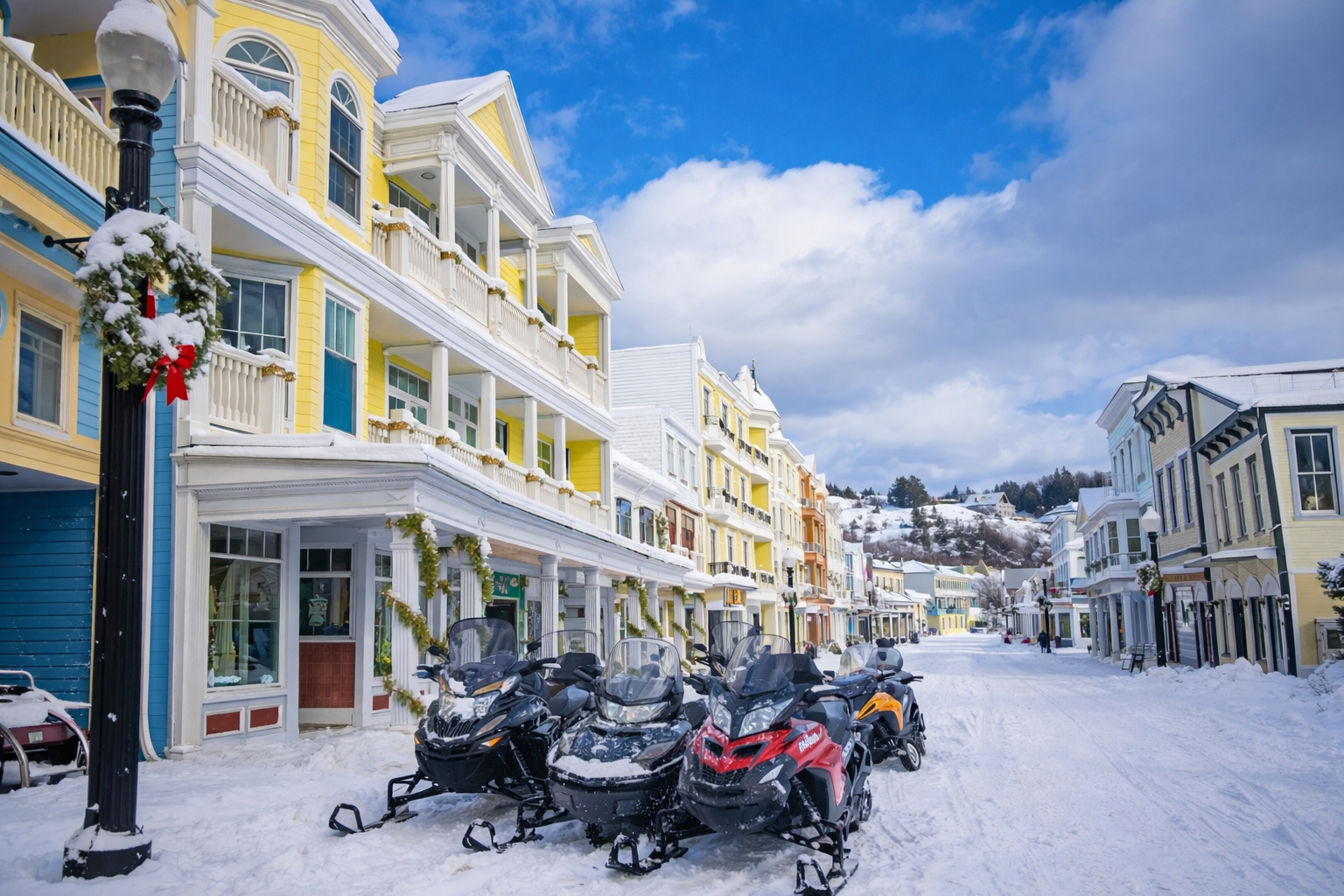 Winter scene on Mackinac Island showing limited open businesses and essential services