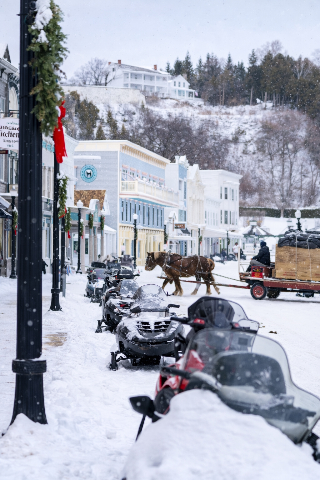 Winter view of Mackinac Island showing snow-covered homes and the quiet life of year-round residents
