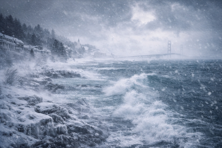 Snow blowing across the shoreline of Mackinac Island and Lake Huron during a powerful winter storm.