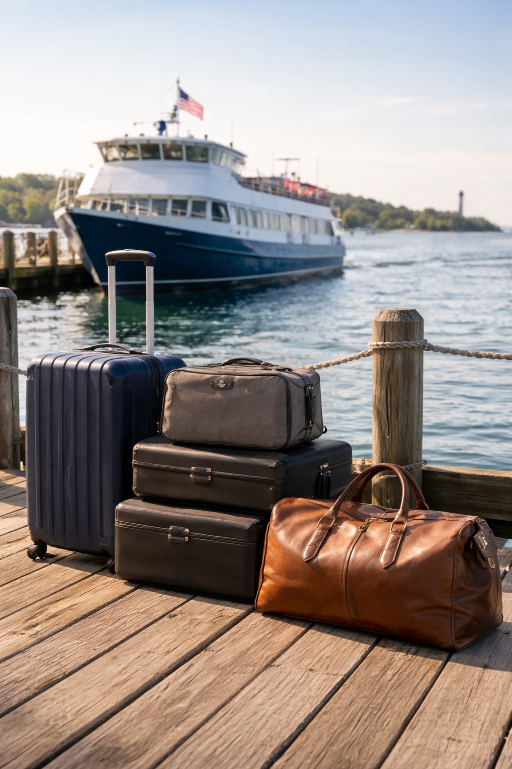 Mackinac Policy Conference travel and ferry logistics showing ferry departure to Mackinac Island from Mackinaw City with luggage and conference travel preparation