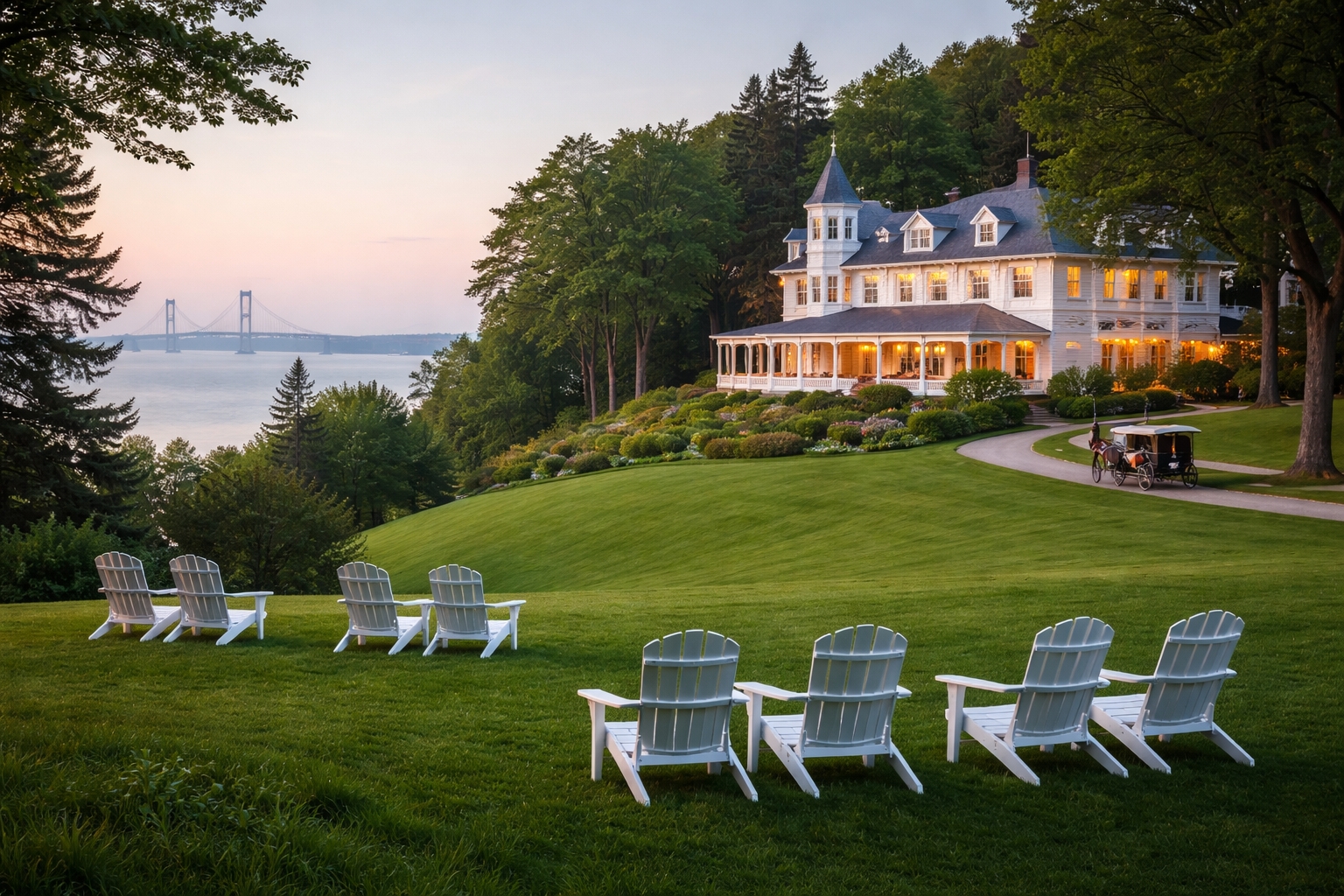 Luxury hotel near Grand Hotel Mackinac Island for Mackinac Policy Conference 2026 featuring spacious lawn, water views, and quiet accommodations May 26–29