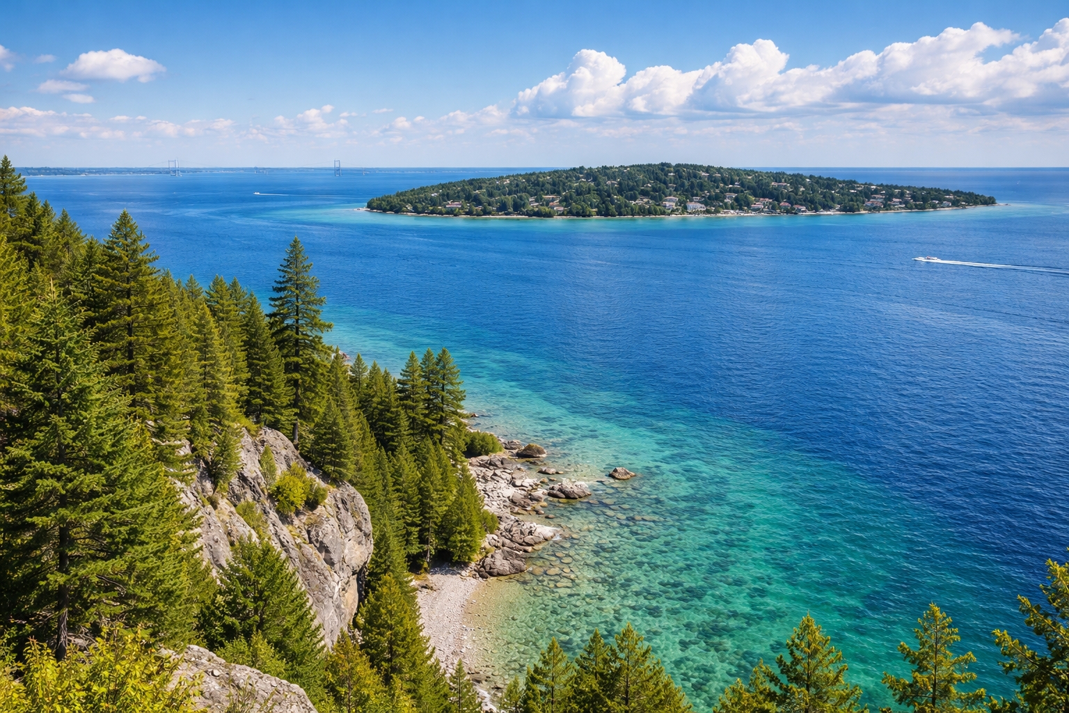 Straits of Mackinac showing Mackinac Island and surrounding Lake Huron, illustrating the geographic context behind the Mackinaw vs Mackinac naming difference