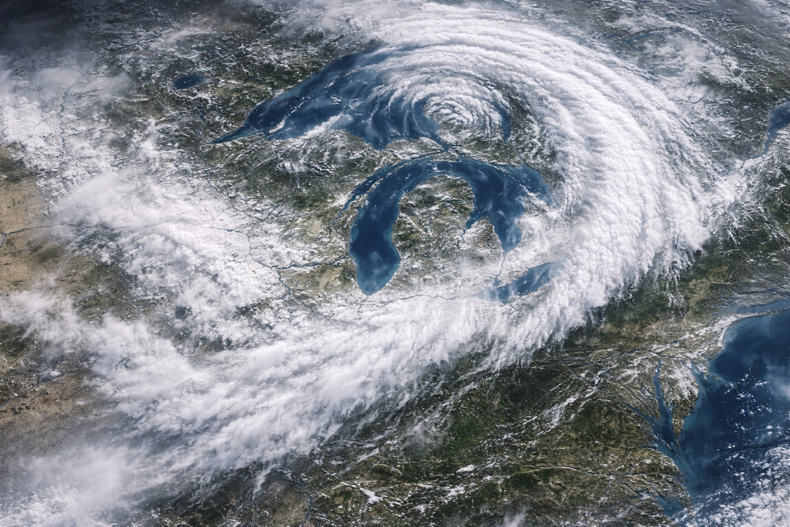 Satellite view of a large March blizzard system moving across the Upper Midwest toward Northern Michigan and the Great Lakes.