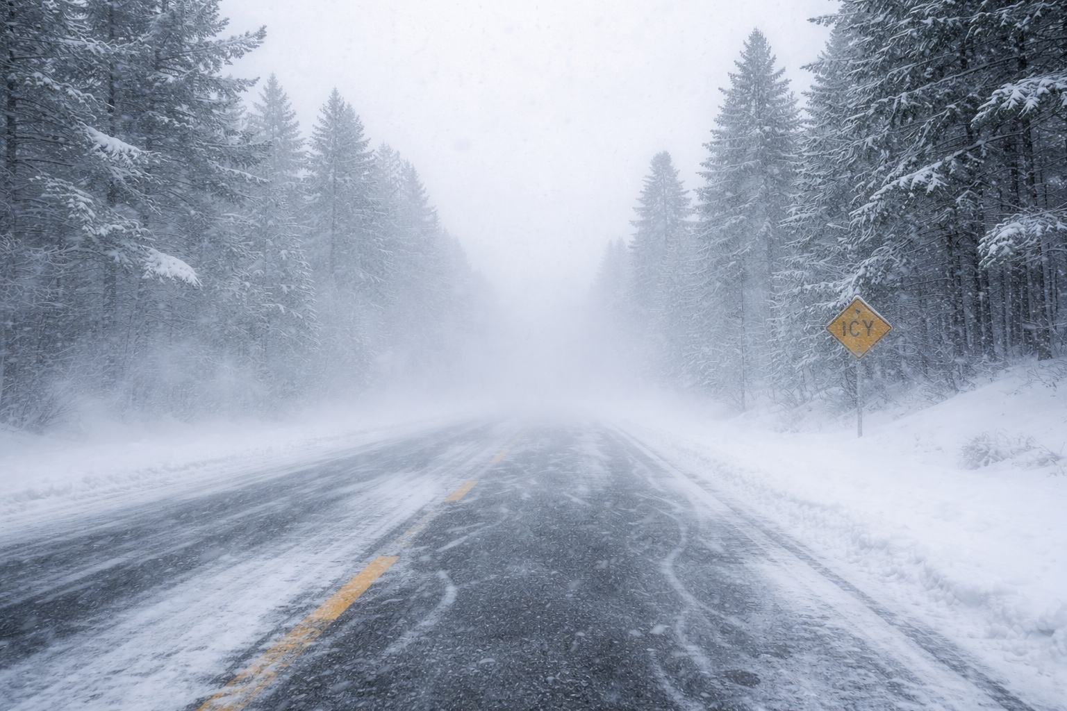 Whiteout conditions during a March blizzard in Northern Michigan with wind-driven snow covering a forest road near Mackinac Island and the Straits of Mackinac region