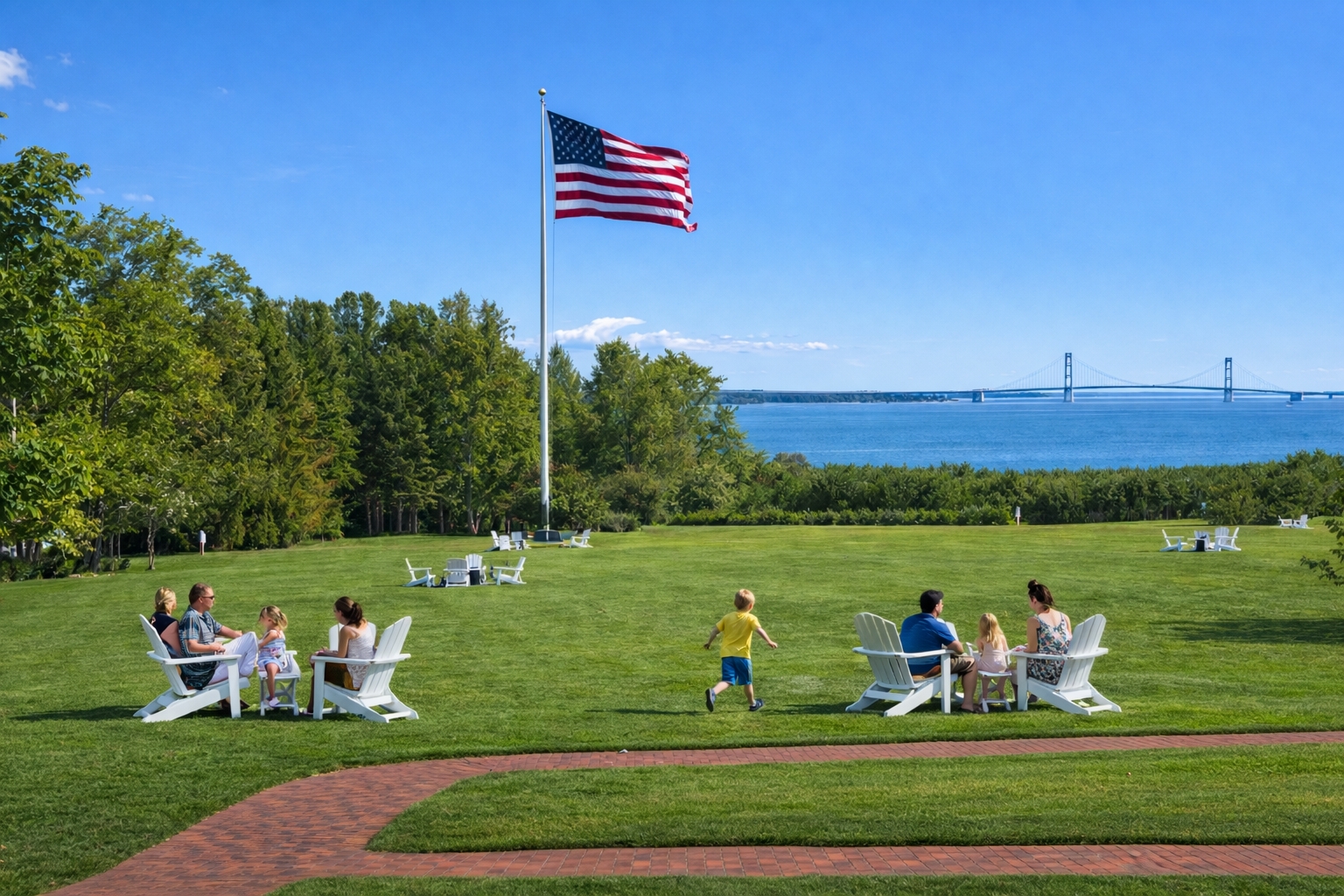 Panoramic Memorial Day view from The Inn at Stonecliffe overlooking the Straits of Mackinac and Mackinac Bridge on Mackinac Island