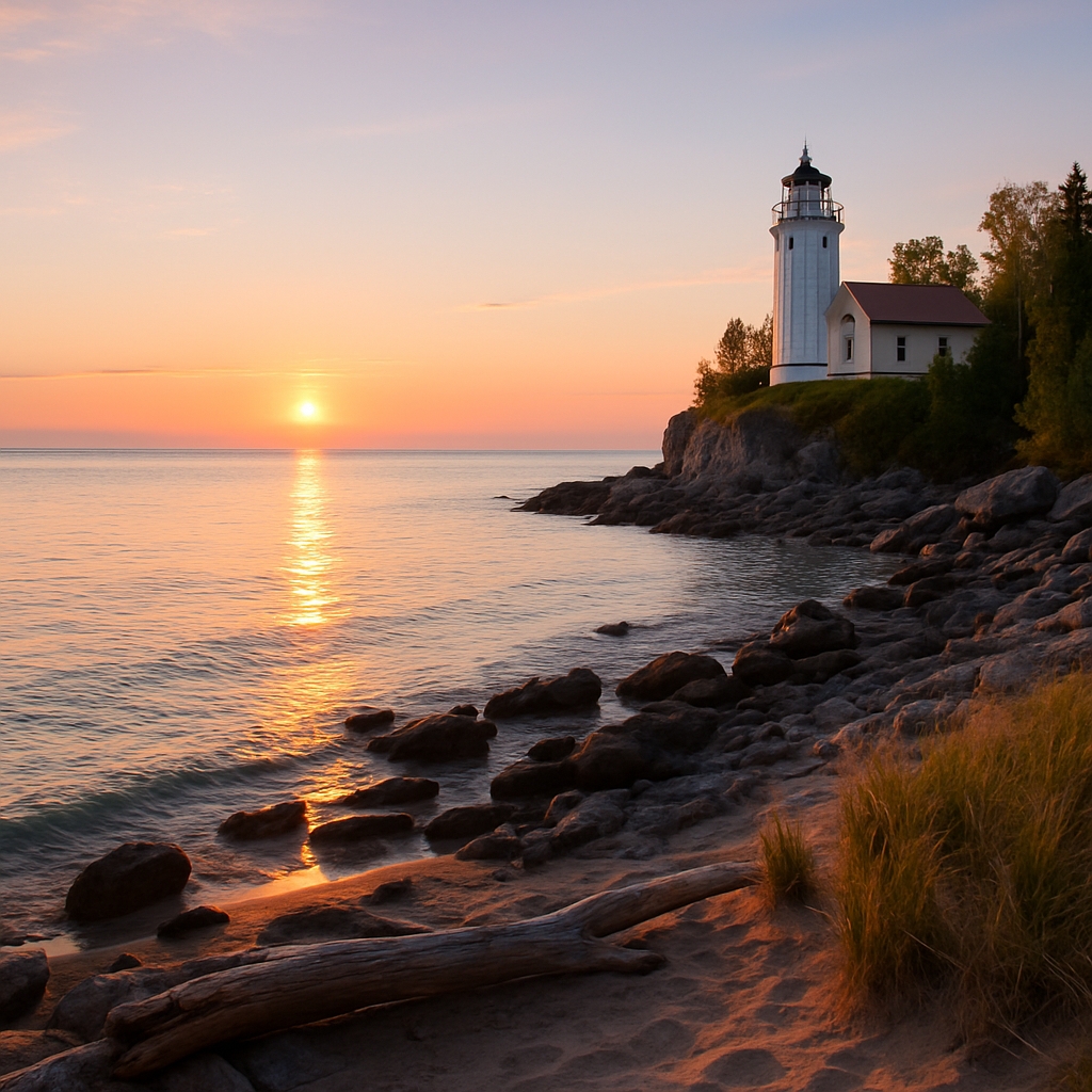 Great Lakes Michigan shoreline at sunrise with historic lighthouse, rocky coast, calm water, and natural landscape representing Michigan history and heritage