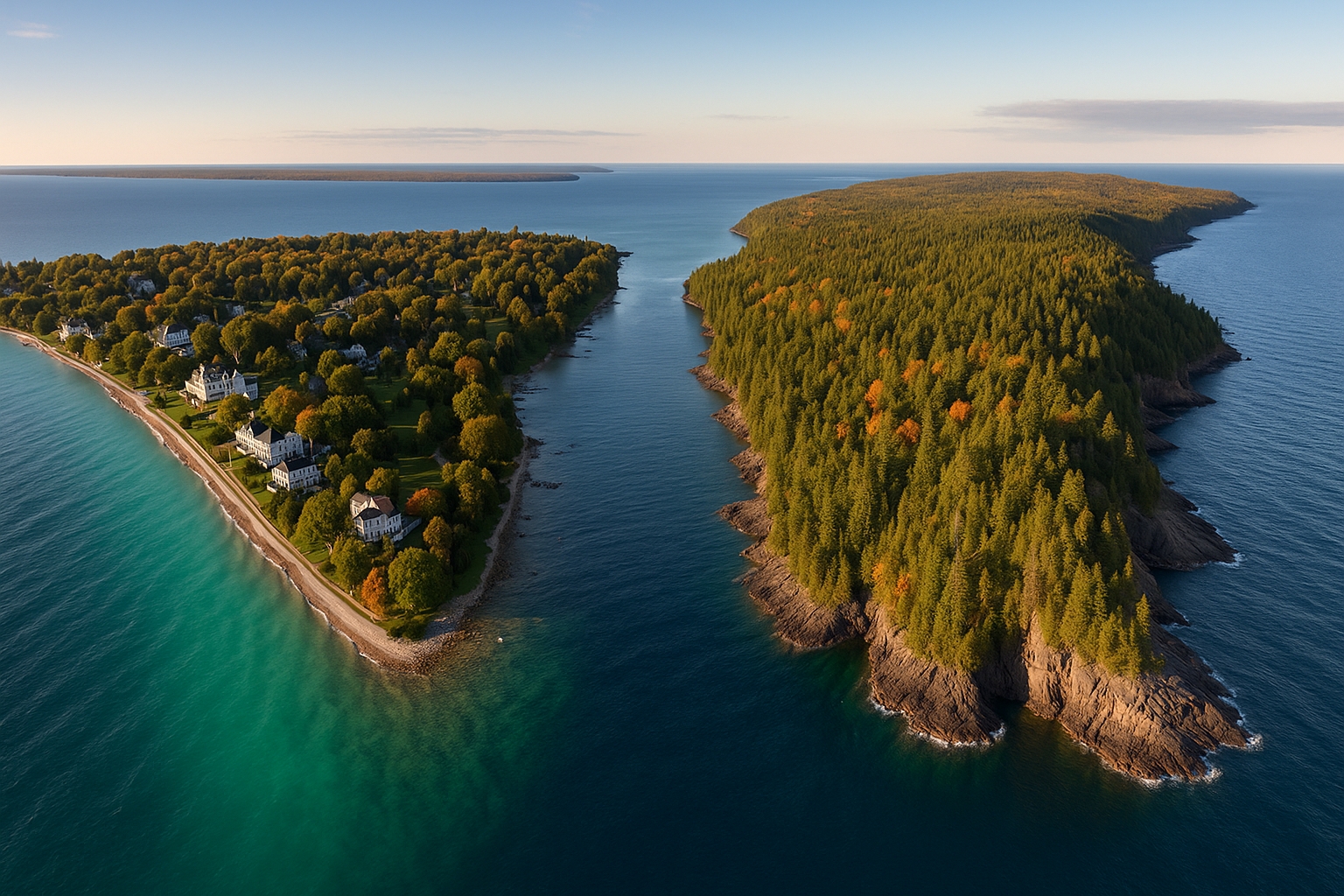 Aerial panoramic view of Mackinac Island and Isle Royale showcasing Michigan’s two most magical car-free islands, with Victorian shoreline, turquoise Lake Huron waters, and rugged Lake Superior wilderness, ideal for travelers searching Michigan island-hop
