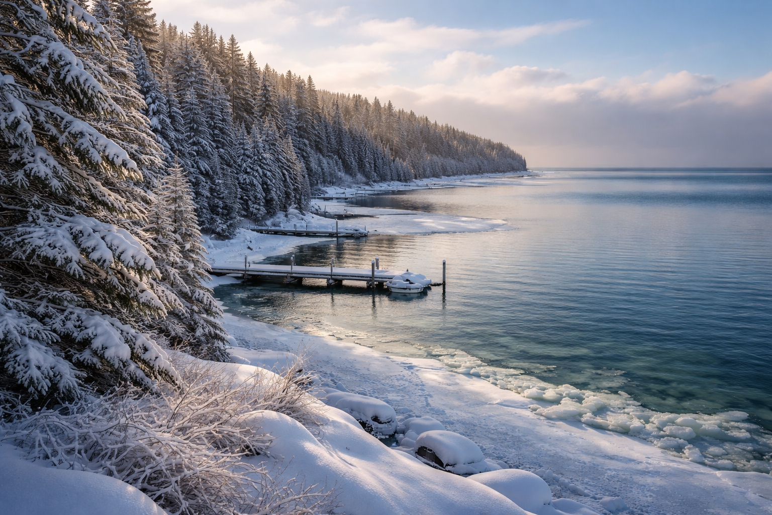 Quiet Northern Michigan winter shoreline illustrating seasonal closures and the natural rhythm of Michigan winter travel