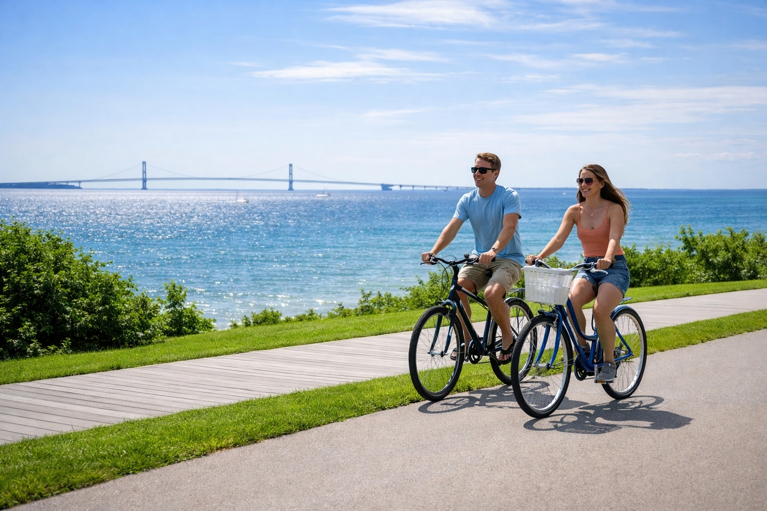 Couple biking along the Lake Huron shoreline on Mackinac Island with the Mackinac Bridge in the distance, representing a Midwest summer travel bucket list experience near The Inn at Stonecliffe