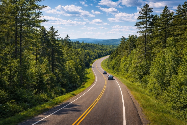 Scenic highway through northern Wisconsin forest on the route from Minneapolis to Mackinac Island.