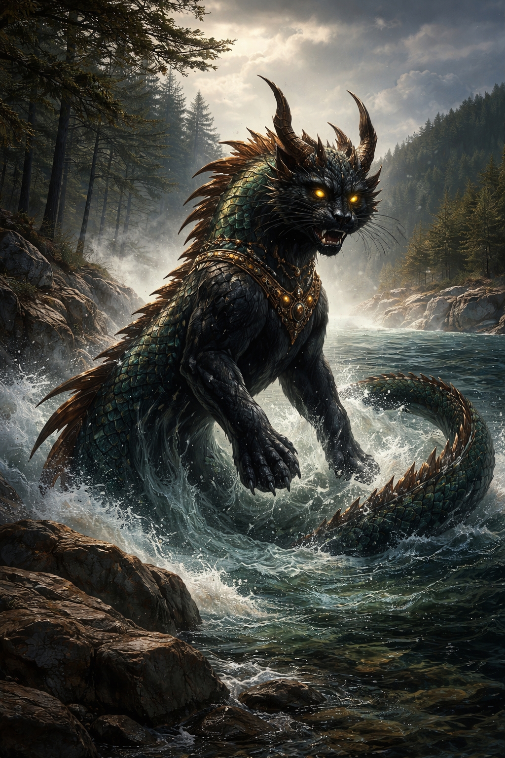Artistic depiction of Mishipeshu the Underwater Panther from Great Lakes Indigenous mythology emerging from deep water