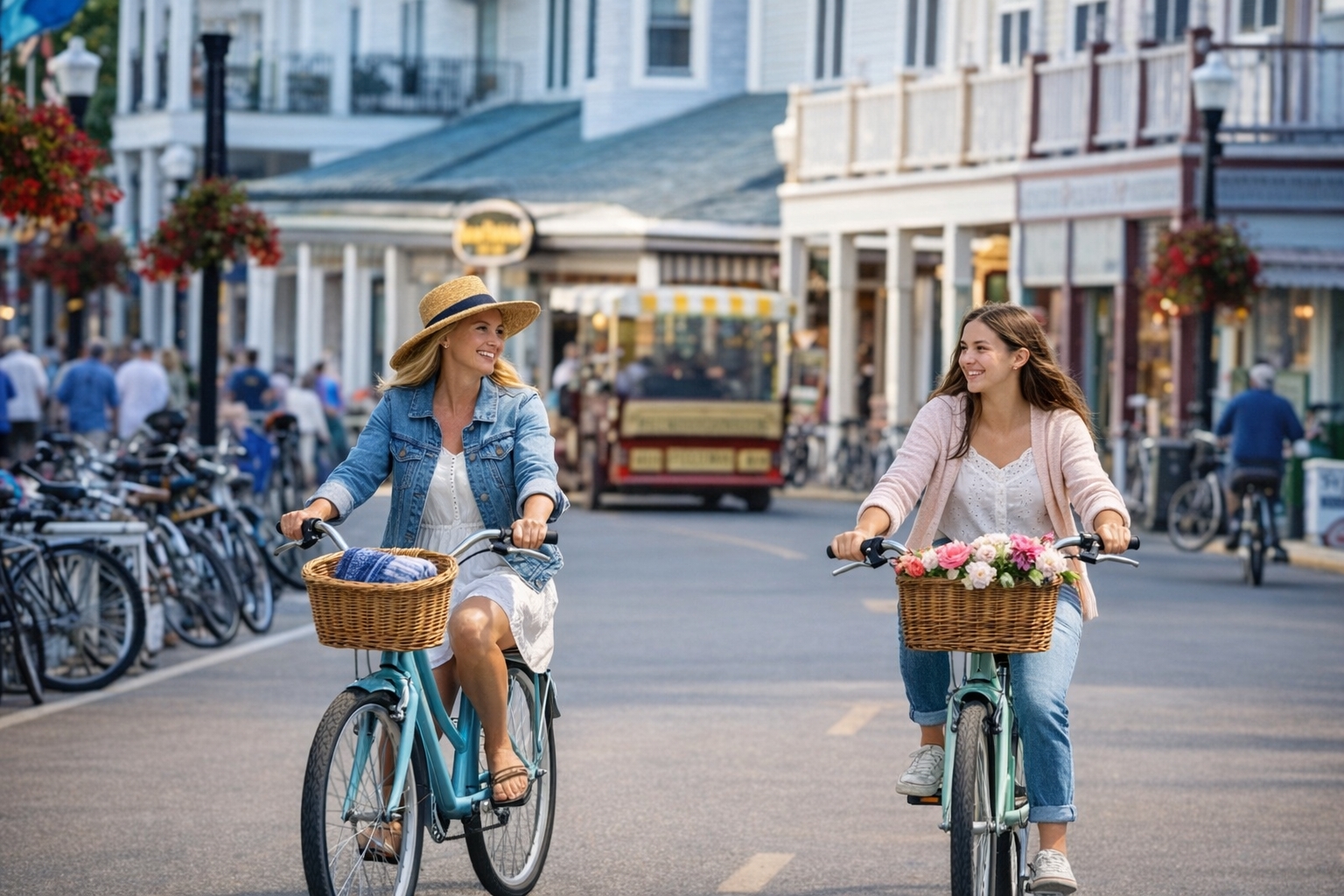 Mother and daughter riding bikes together on Mackinac Island’s car-free downtown street with historic buildings and horse-drawn carriage in background
