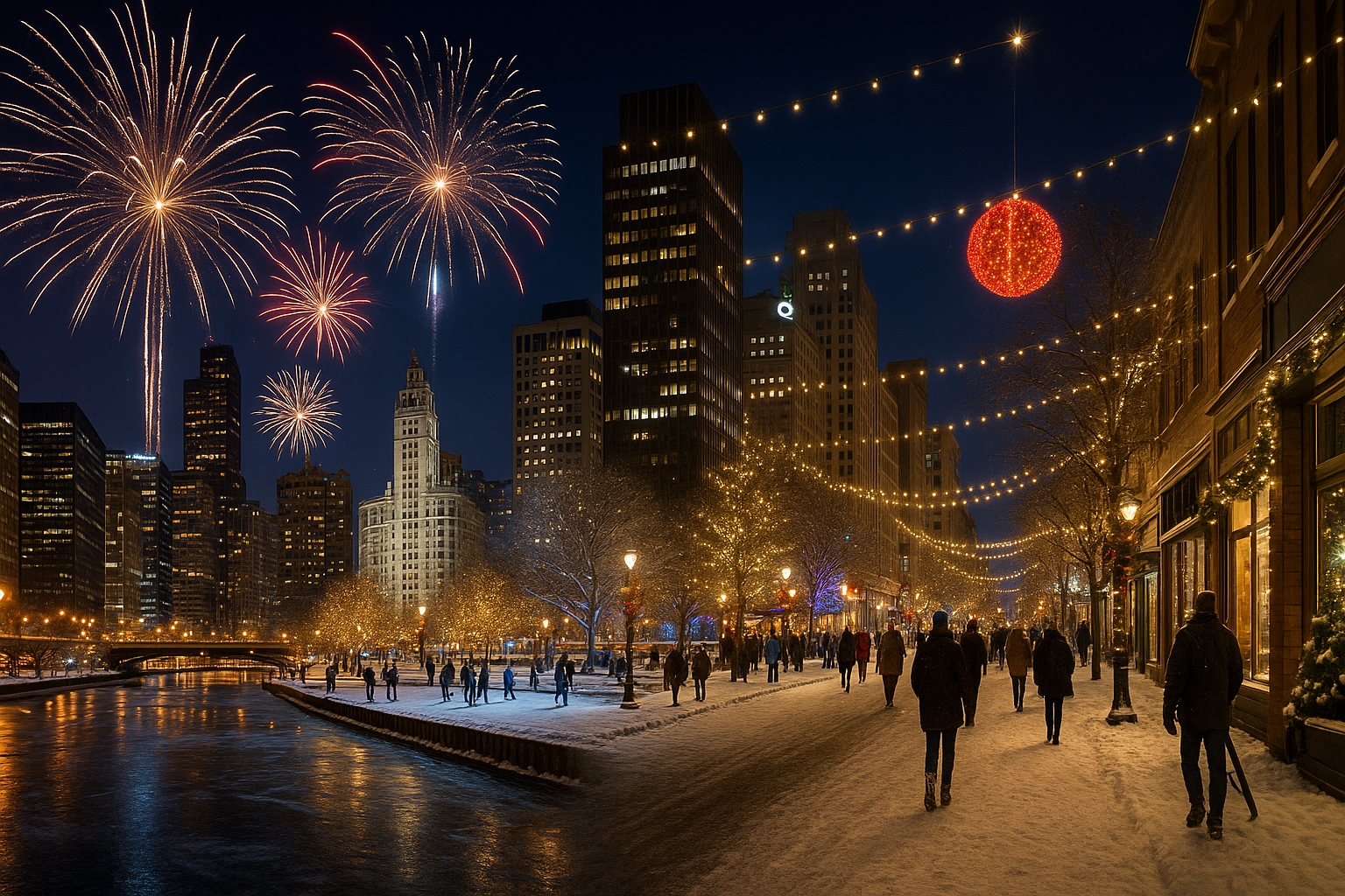 New Year’s Eve fireworks over Chicago River, Detroit Campus Martius skating rink, and Traverse City cherry drop celebration with winter lights and crowds in 2025.