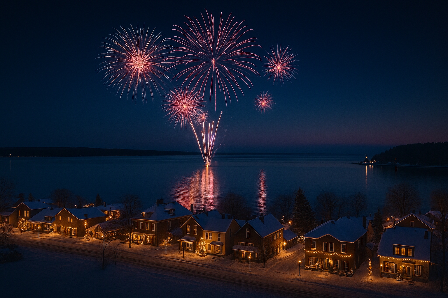 New Year’s Eve fireworks over Lake Huron in Northern Michigan with holiday lights, snowy rooftops, and reflections on the lake, celebrating near Mackinac Island