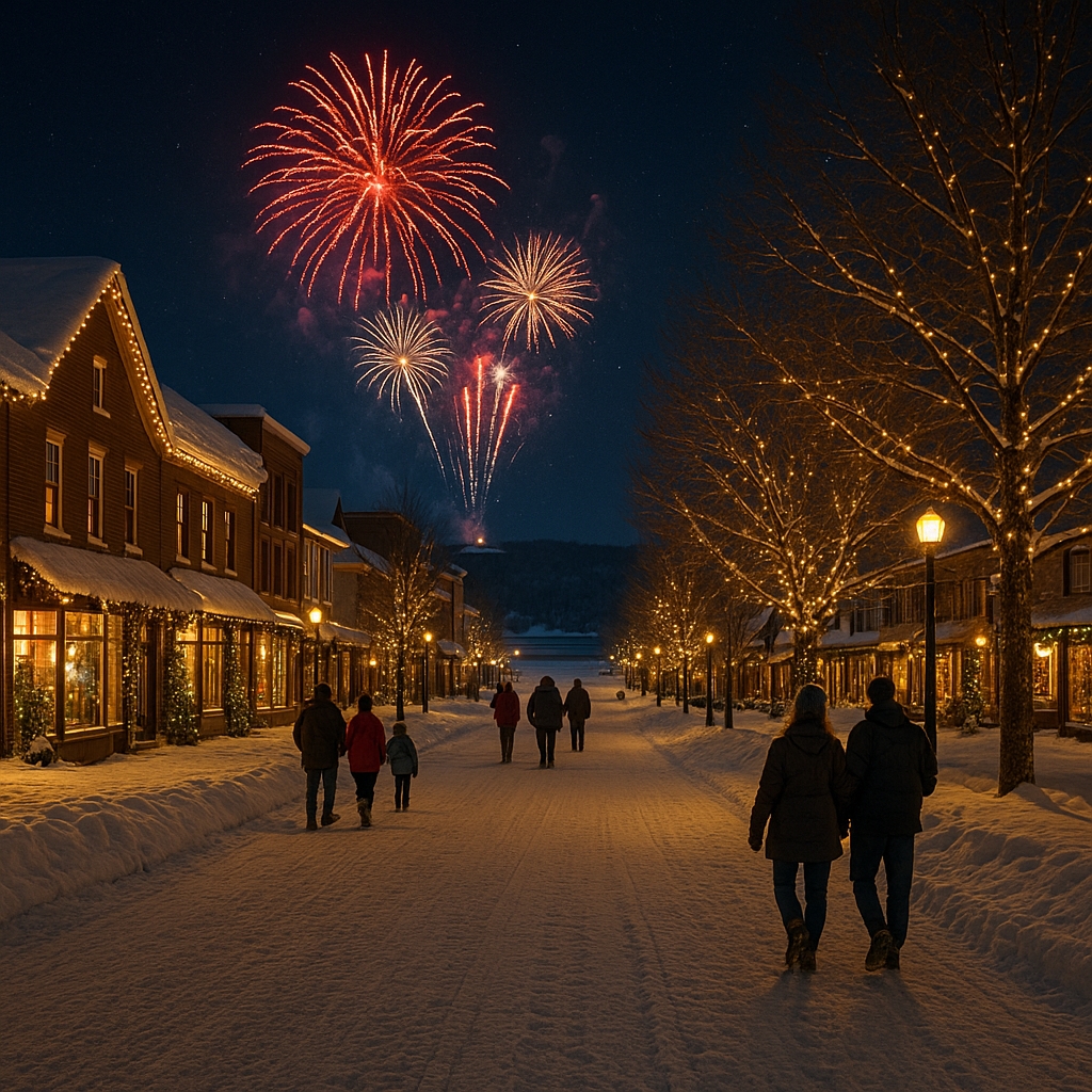 Winter scene of Northern Michigan small-town New Year’s Eve celebration with fireworks, snow-covered streets, festive lights, and lakeside holiday atmosphere