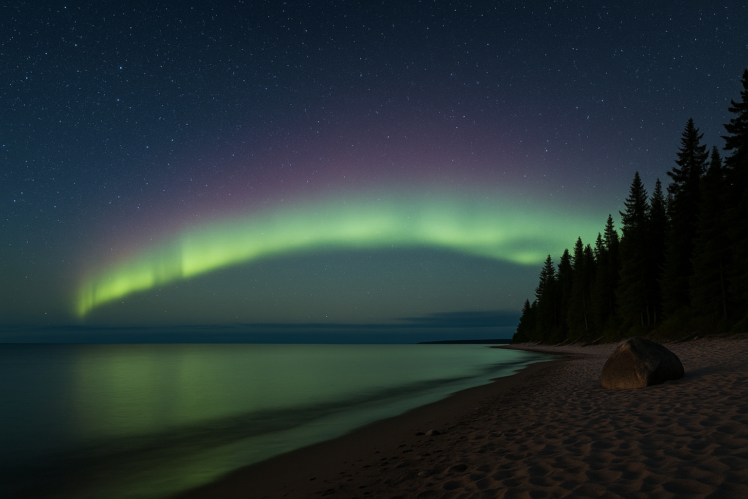 Aurora borealis over Lake Superior in Northern Michigan with green and pink lights, sandy beach, evergreen trees, clear sky, and northern lights reflection