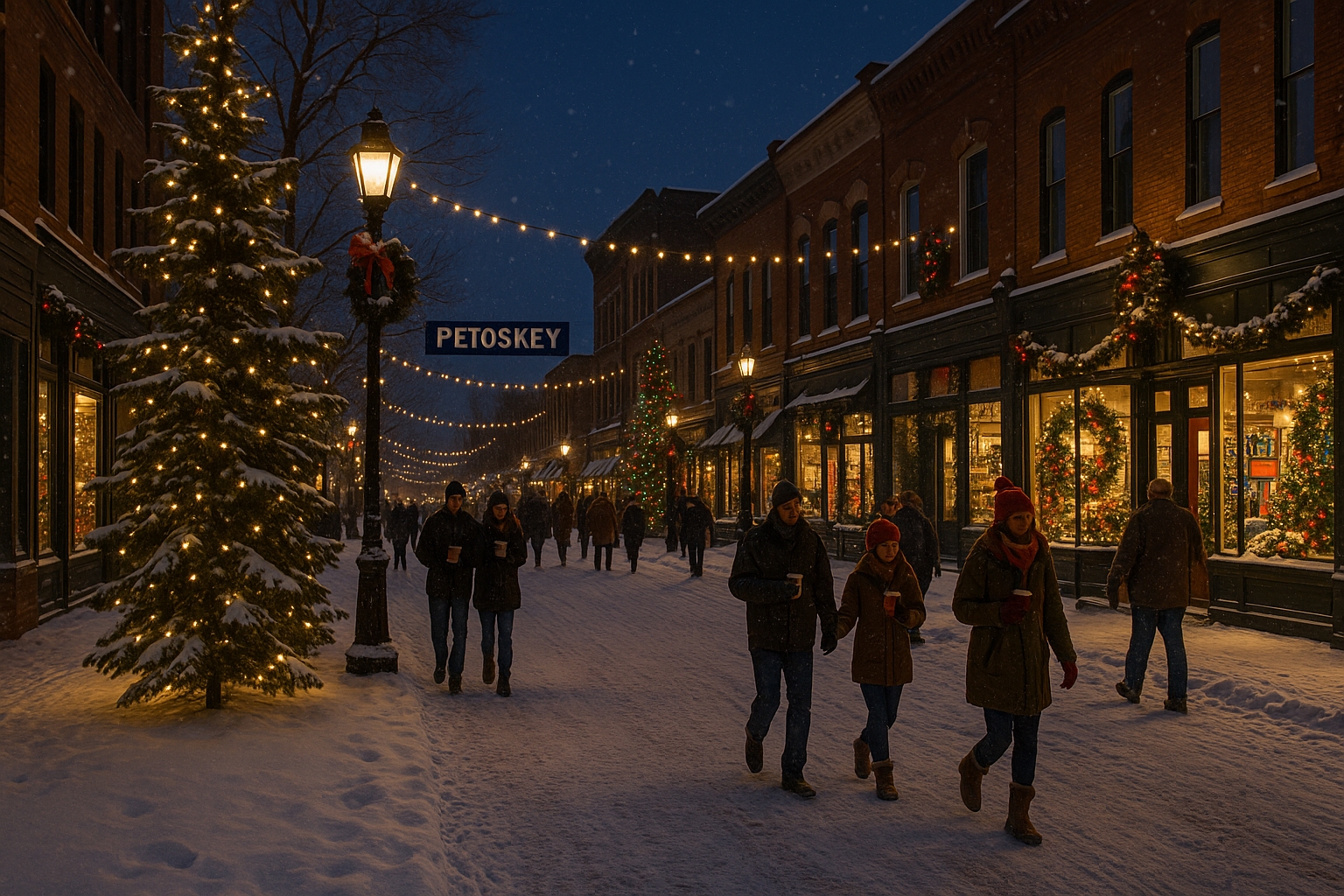 Christmas lights in downtown Petoskey Michigan with festive decorations, holiday crowds, and snow-covered streets during December 2025 events