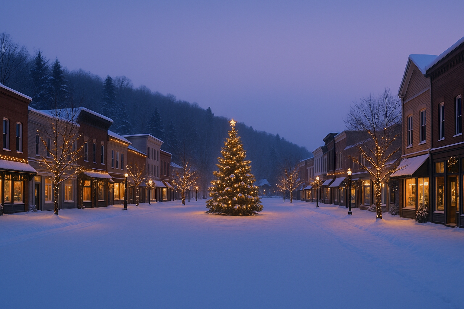 Snowy downtown Northern Michigan Christmas town with decorated tree, festive lights on buildings, and winter holiday ambiance under twilight sky