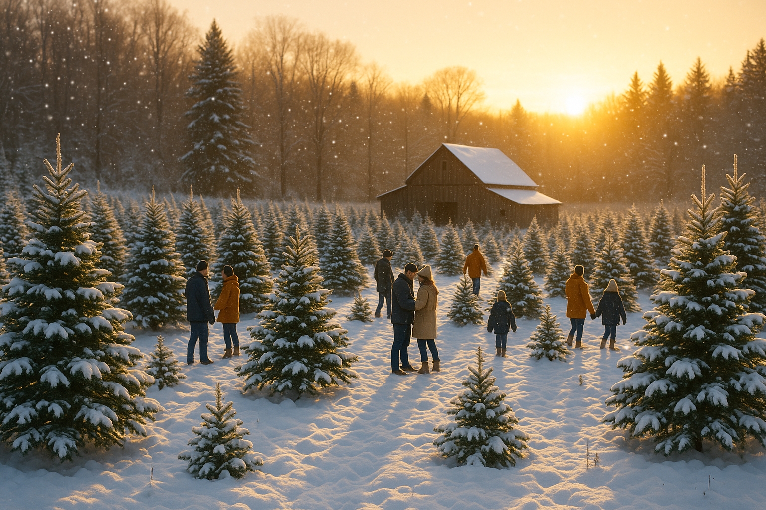 Northern Michigan Christmas tree farm with rows of Fraser fir and balsam fir trees, snow-covered fields, and families choosing U-cut Christmas trees.