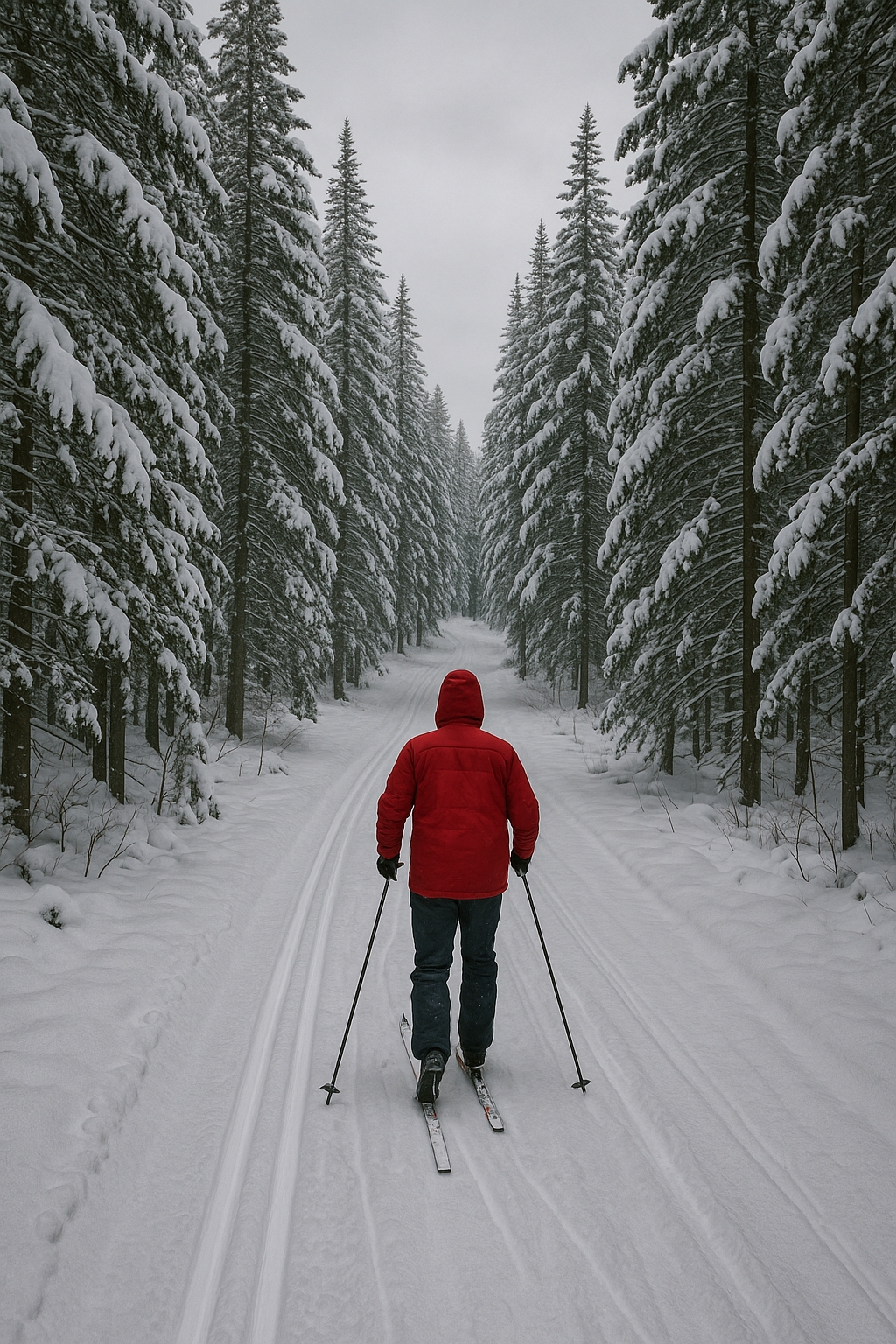 Cross-country skiing trail in Northern Michigan with snow-covered pine trees and skier in red jacket gliding along a Nordic ski path