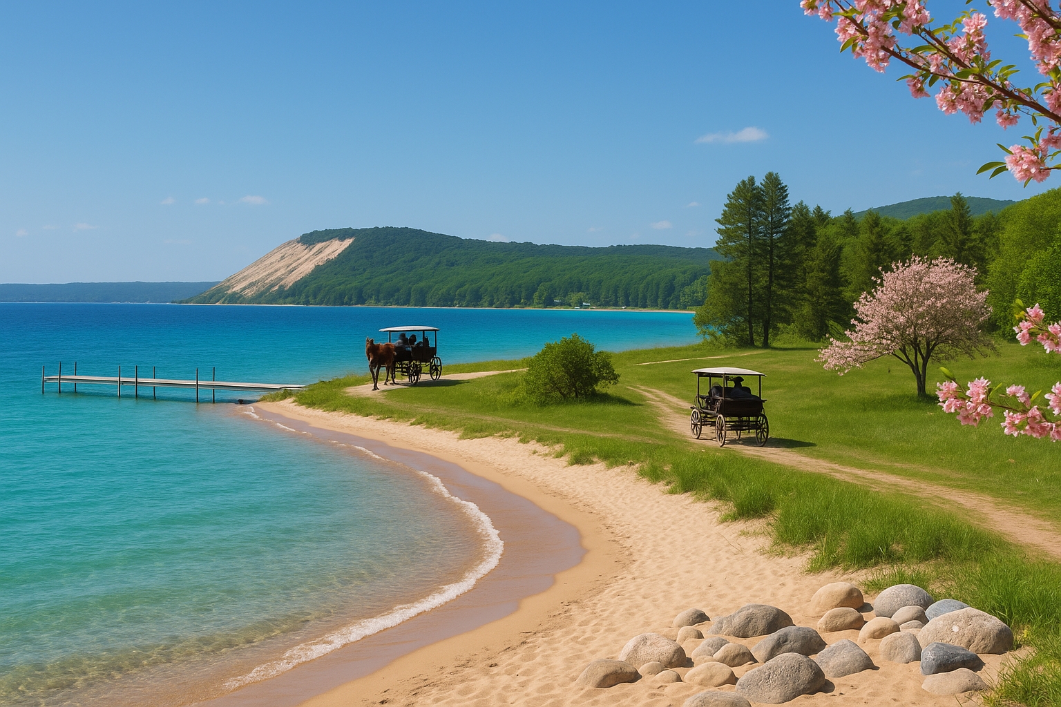 Northern Michigan summer landscape featuring Torch Lake beach, Mackinac Island carriage trail, Sleeping Bear Dunes, cherry blossoms, and Petoskey stones