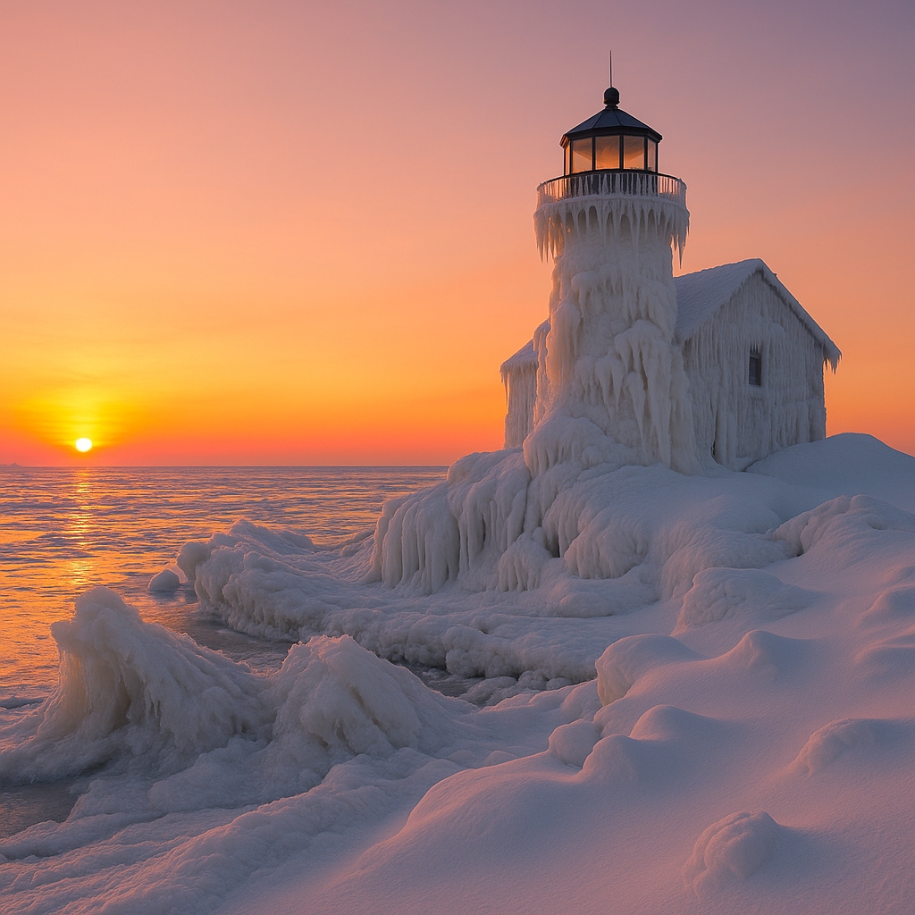 Frozen Michigan lighthouse in Northern Michigan surrounded by thick ice, snowdrifts, and winter sunset over Lake Michigan – a top winter natural attraction.