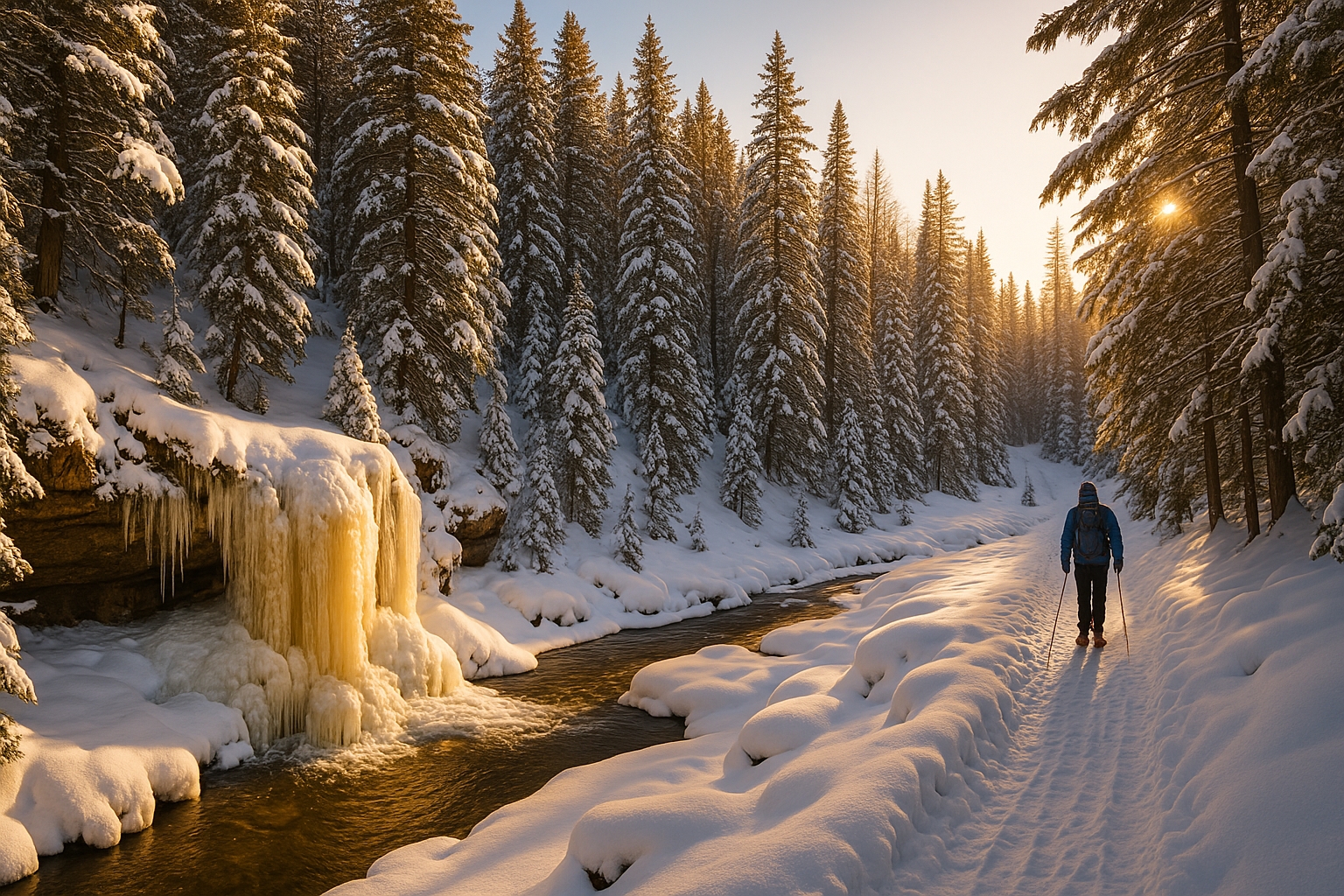Frozen waterfall in Northern Michigan surrounded by snow-covered forest and pine trees, with golden hour light and snowshoer on scenic winter trail.