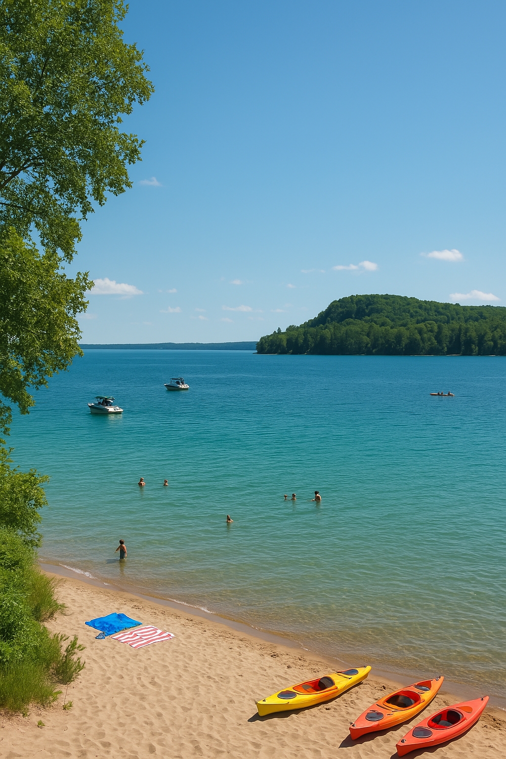 Northern Michigan lake scene in July showing sunny weather, warm temperatures, swimmers in Lake Michigan, beachgoers, and peak summer travel atmosphere