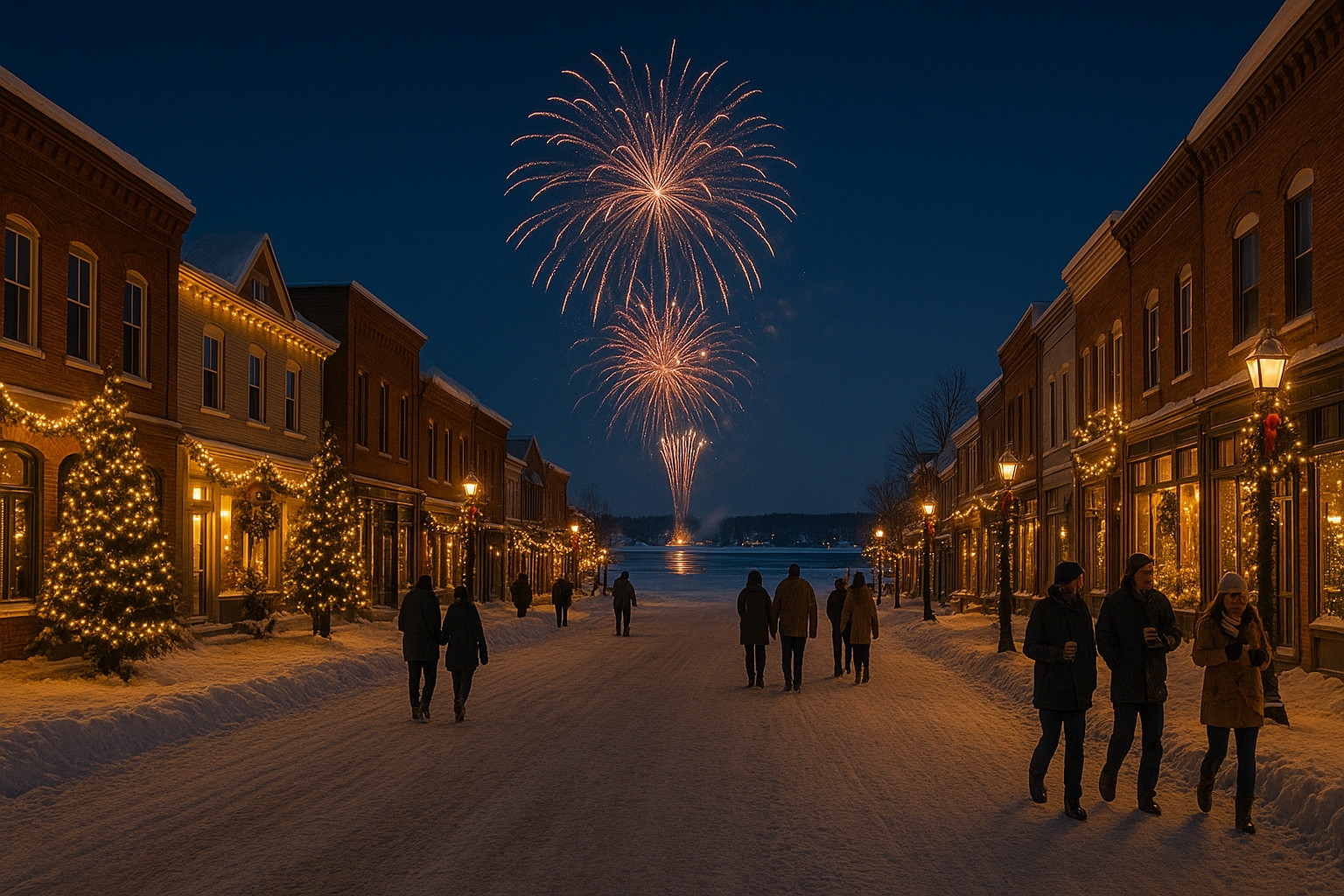 Winter evening New Year’s Eve celebration in Northern Michigan with fireworks over a frozen lake, festive downtown lights, snow-covered streets, and holiday atmosphere