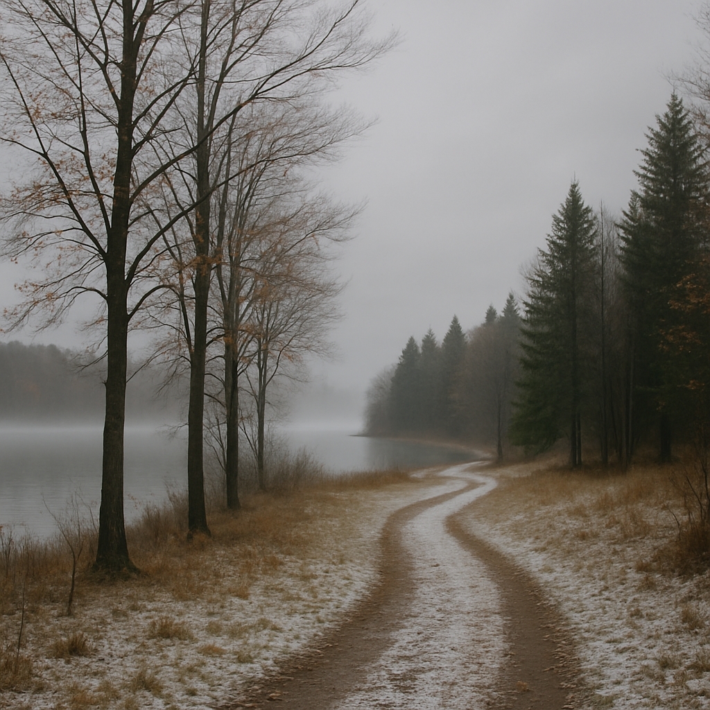 Peaceful lakeside in Northern Michigan during November with early snow, bare trees, overcast sky, fog-covered lake, and quiet trail through late fall landscape