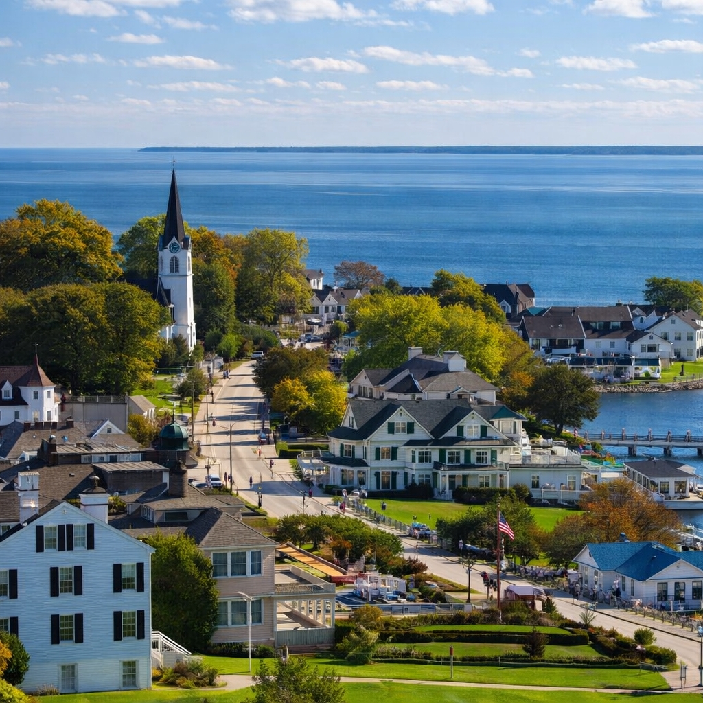Scenic view of Mackinac Island overlooking Lake Huron with historic homes, tree-lined streets, and waterfront scenery, showcasing the island as one of the most peaceful places to visit in Northern Michigan near The Inn at Stonecliffe