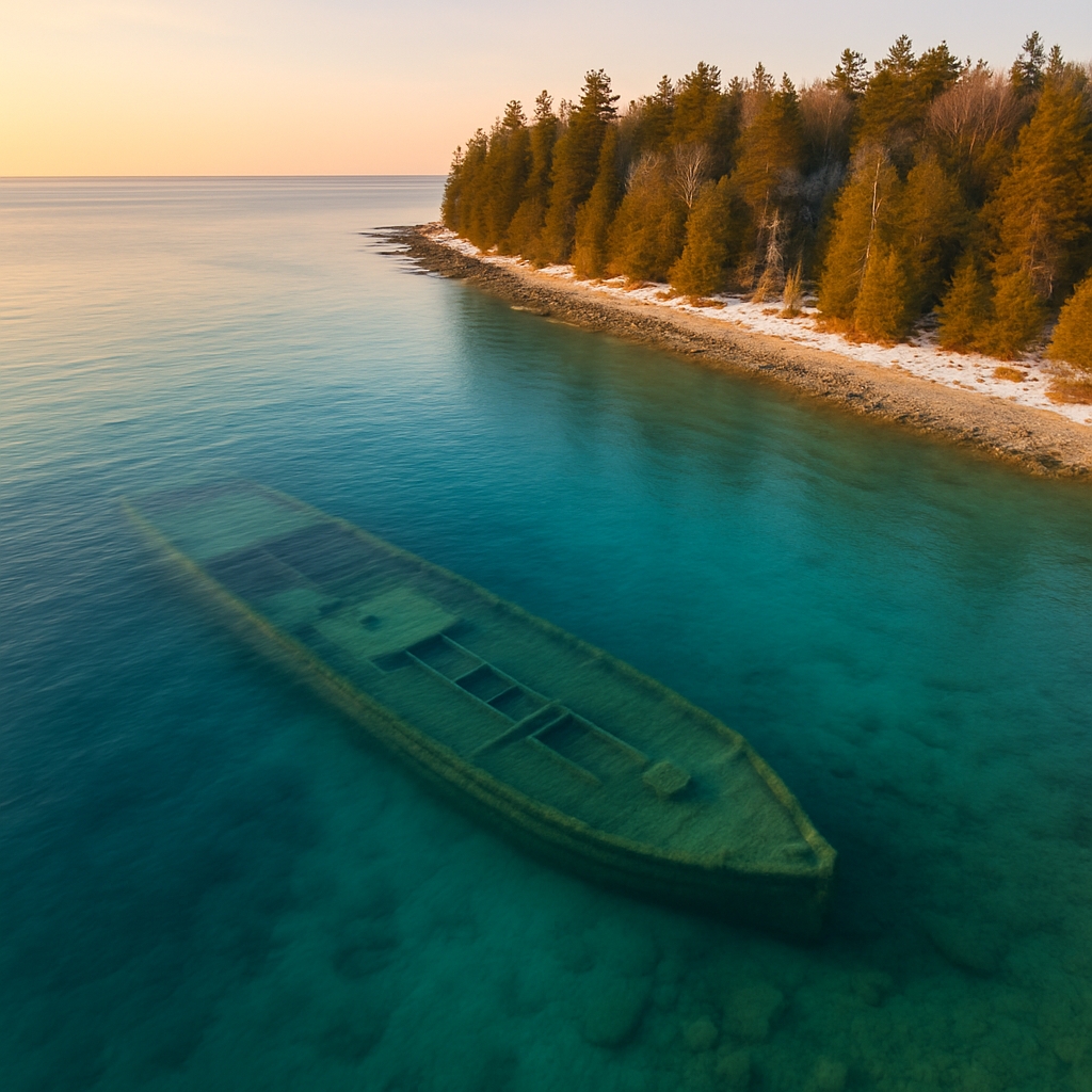 Aerial image of historic shipwreck in Lake Huron off Northern Michigan coast, submerged in clear blue water near snow-dusted shoreline, maritime history theme