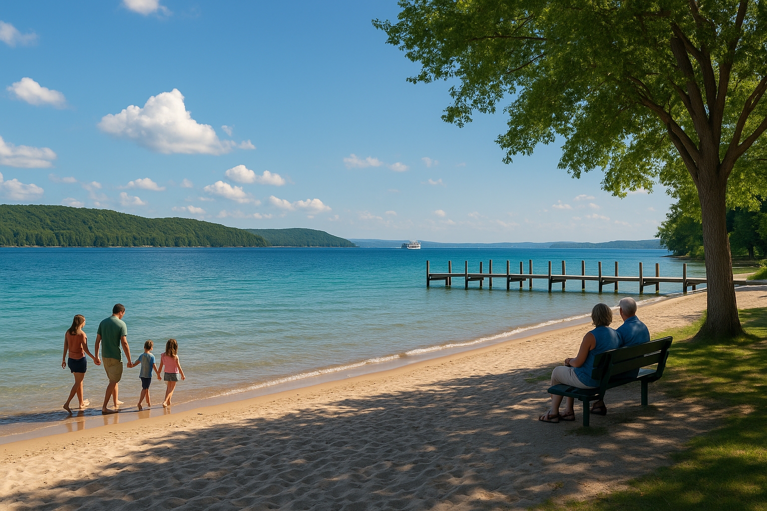 Summer activities in Northern Michigan including Torch Lake beach, scenic lake views, hiking trails, and family-friendly lakeside fun near Mackinac Island