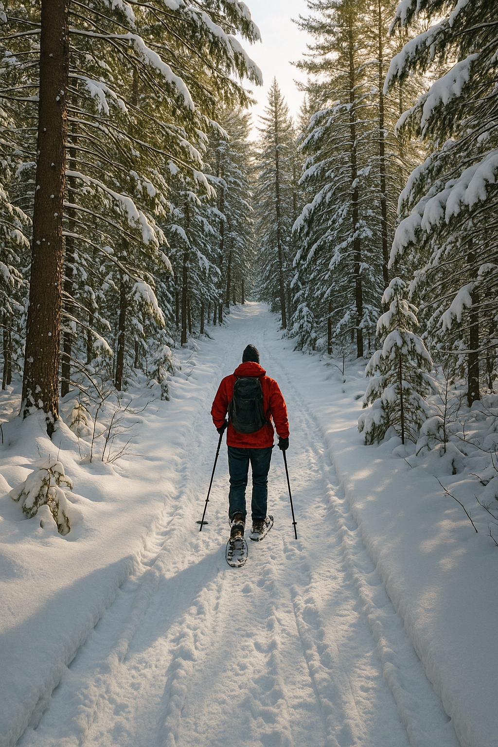 Scenic winter hiking trail in Northern Michigan with snow-covered pine forest, hiker in snowshoes, ideal for snowshoeing and cold-weather hiking adventures