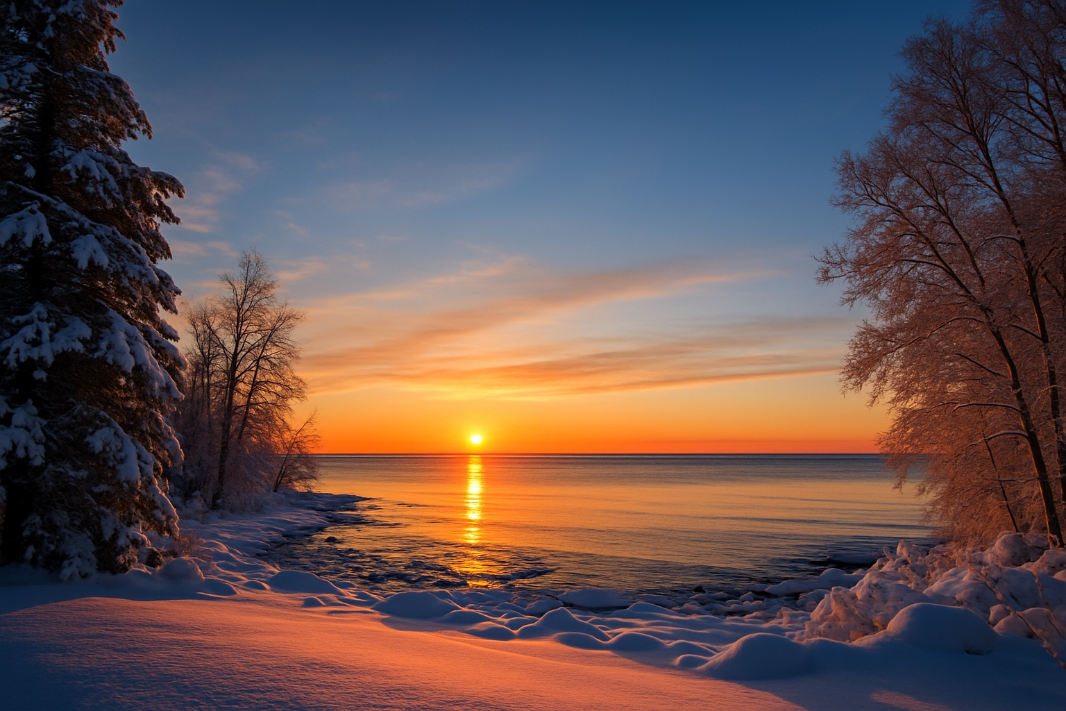 Sunset in Northern Michigan on the winter solstice with golden light over a snow-covered Lake Huron shoreline, showcasing early December sunset time near Mackinac Island.
