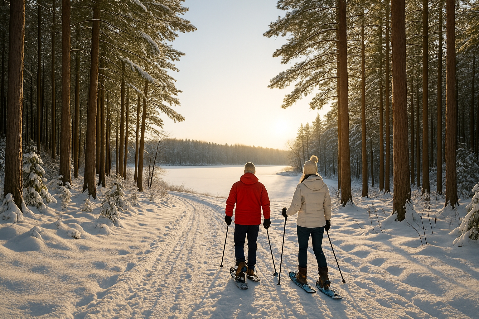 Northern Michigan winter trail with couple snowshoeing through pine forest near frozen lake, serene snowy landscape, quiet winter getaway scene