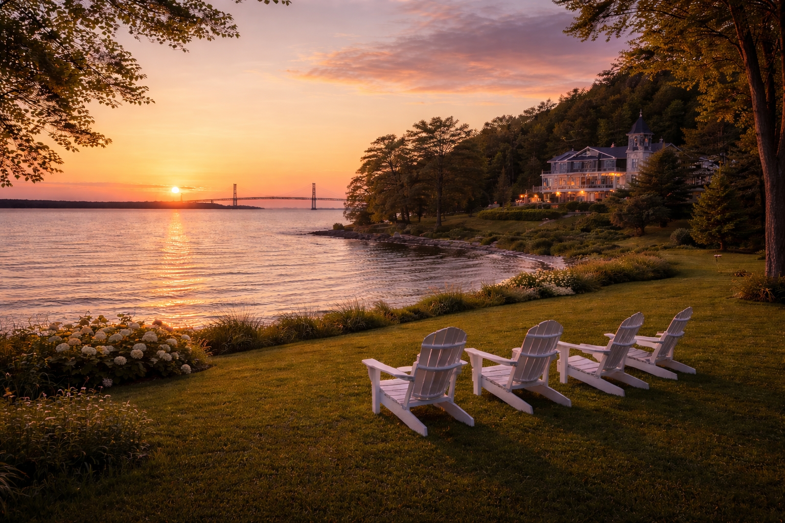 Peaceful hotel on Mackinac Island overlooking Lake Huron at sunset with Adirondack chairs on a quiet lawn, ideal for romantic and relaxing stays in 2026