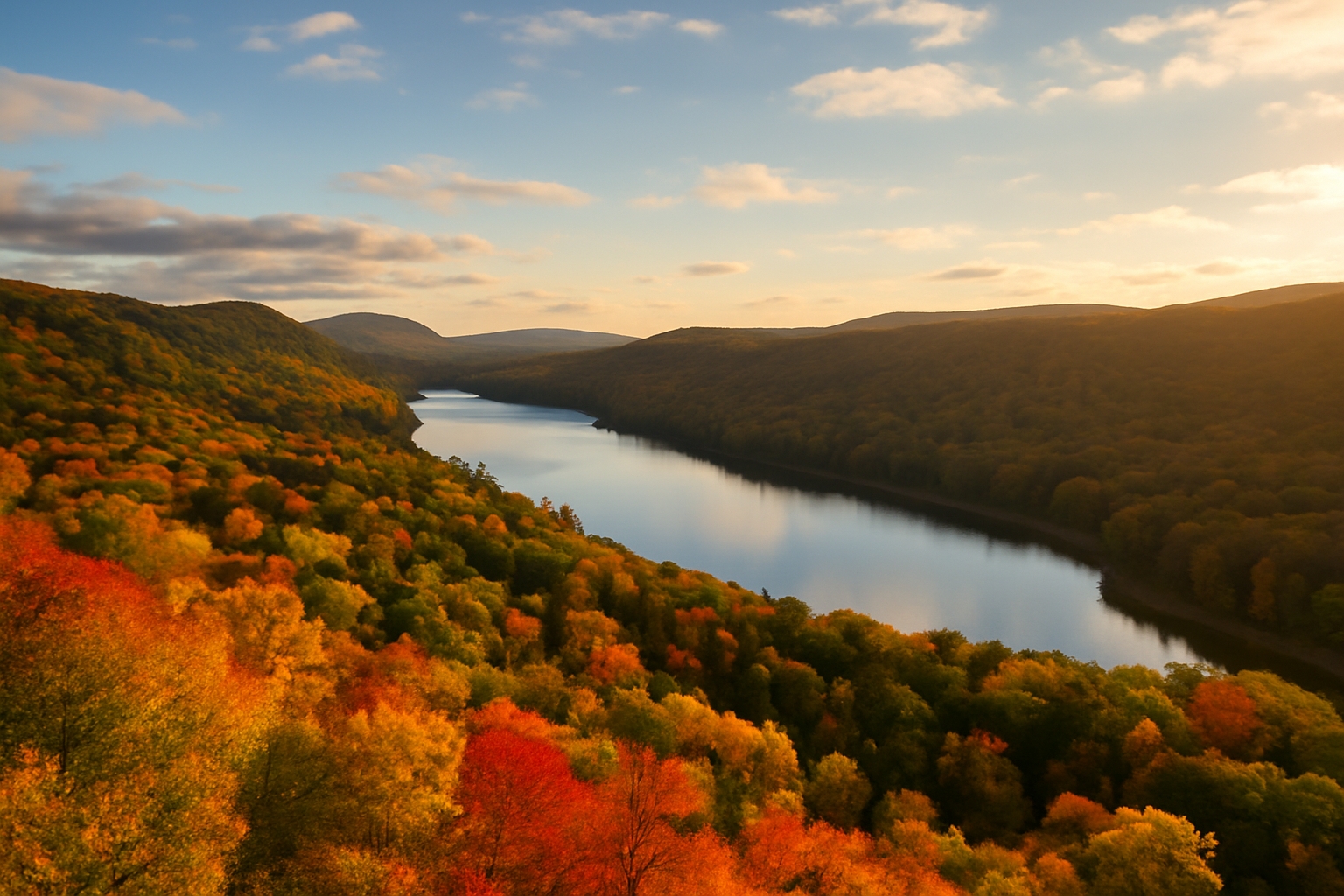 Porcupine Mountains Wilderness State Park Lake of the Clouds overlook in Michigan’s Upper Peninsula, showing real mountains, fall colors, and rugged terrain.