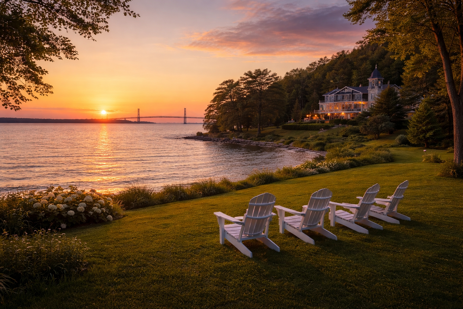 Quiet place to stay on Mackinac Island with lake view, historic estate lodging, sunset over Lake Huron, and peaceful lawn with Adirondack chairs